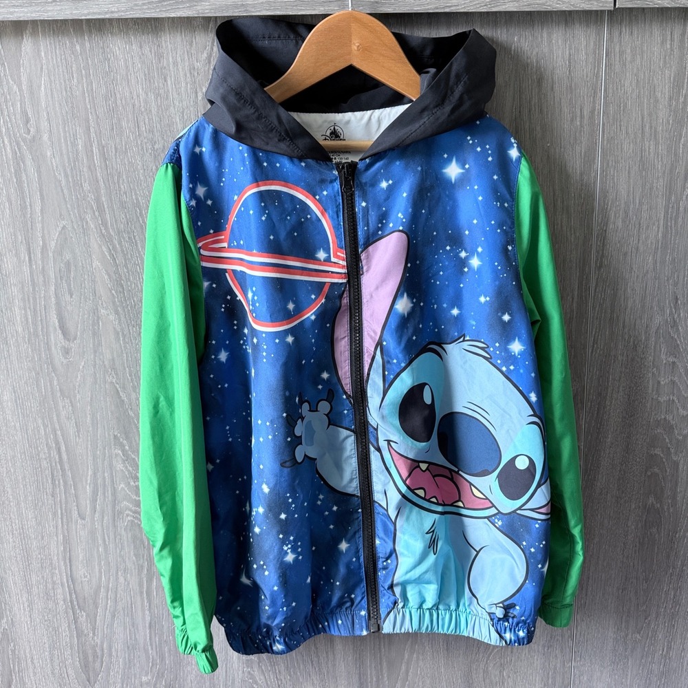 Disney Parks Stitch Windbreaker Jacket Kids Med 140 Blue Green Space Zip Up Coat